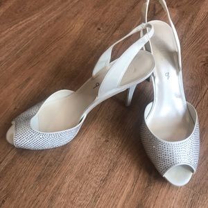 Ivory Platform Sling-Back Crystal Peep Toe Heels
